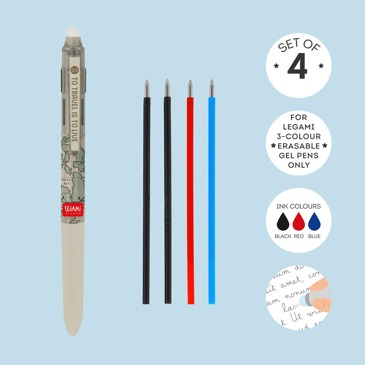 Conjunto de 4 recargas para caneta gel apagável 3 cores